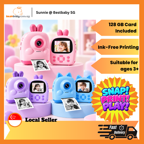 Kids Instant Print Camera – Cute Rabbit & Cat Thermal Photo Printer with 128GB Card & 5 Paper Rolls