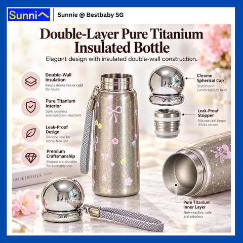 Pure Titanium Insulated Bottle 360ml – 7 Sparkly & Cute Designs, Wrist Strap, Gift Box