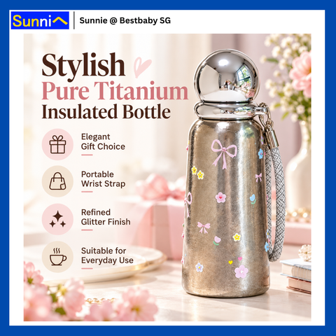 Pure Titanium Insulated Bottle 360ml – 7 Sparkly & Cute Designs, Wrist Strap, Gift Box