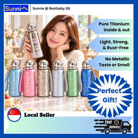 Pure Titanium Insulated Bottle 360ml – 7 Sparkly & Cute Designs, Wrist Strap, Gift Box