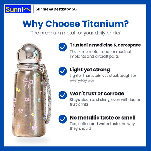 Pure Titanium Insulated Bottle 360ml – 7 Sparkly & Cute Designs, Wrist Strap, Gift Box
